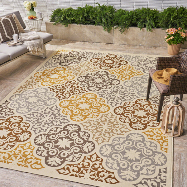 Outdoor Modern Oriental Quatrefoil Ivory and Gray Rectangular Area Rug - NH129403