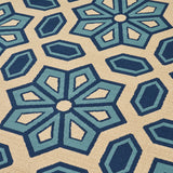 Outdoor Geometric Floral Ivory and Blue Rectangular Area Rug - NH329403