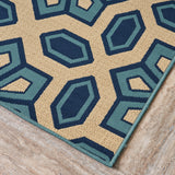 Outdoor Geometric Floral Ivory and Blue Rectangular Area Rug - NH329403