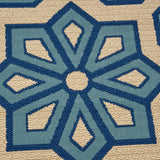 Outdoor Geometric Floral Ivory and Blue Rectangular Area Rug - NH329403