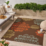 Outdoor Modern Brown Area Rug with Multi-Color Floral Print - NH009403