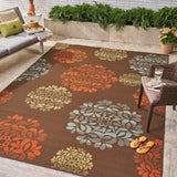 Outdoor Modern Brown Area Rug with Multi-Color Floral Print - NH009403