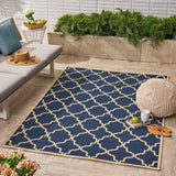 Outdoor Modern Navy Blue Area Rug with Ivory Quatrefoil Pattern - NH209403