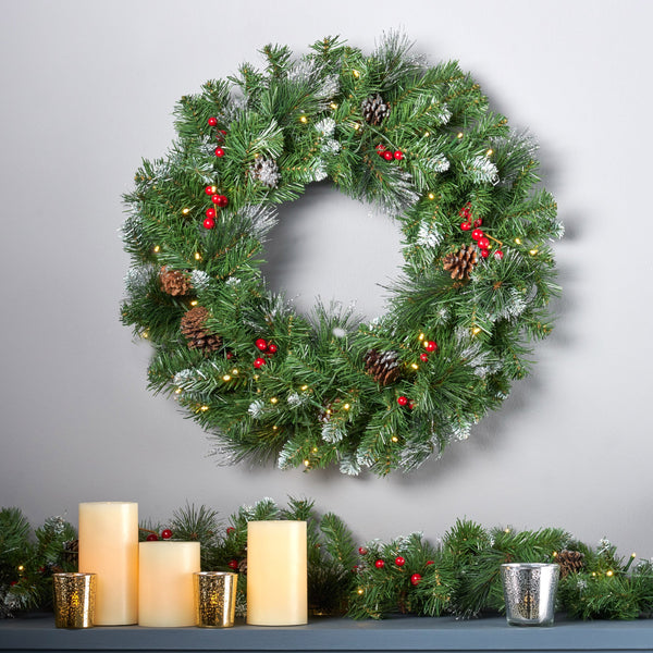 24" Mixed Spruce Warm White LED Artificial Christmas Wreath with Glitter Branches, Red Berries, Pinecones - NH593703