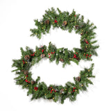 9-foot Mixed Spruce Pre-Lit Warm White LED Artificial Christmas Garland with Glitter Branches, Red Berries and Pinecones - NH193703