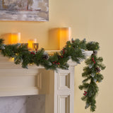 9-foot Mixed Spruce Pre-Lit Warm White LED Artificial Christmas Garland with Glitter Branches, Red Berries and Pinecones - NH193703