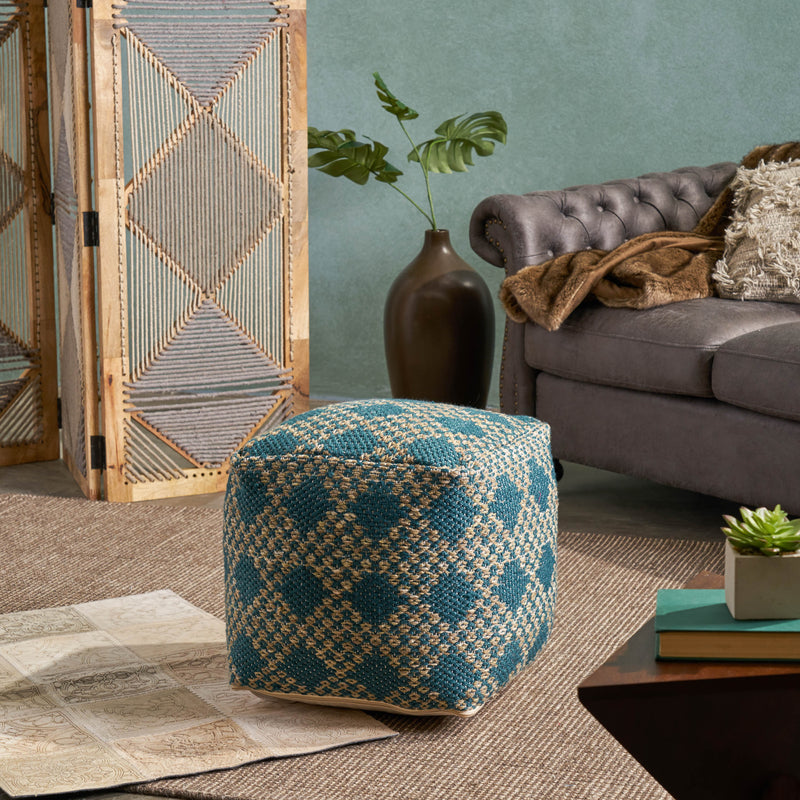 Boho Diamond Pattern Teal and Beige Yarn Cube Pouf - NH716703