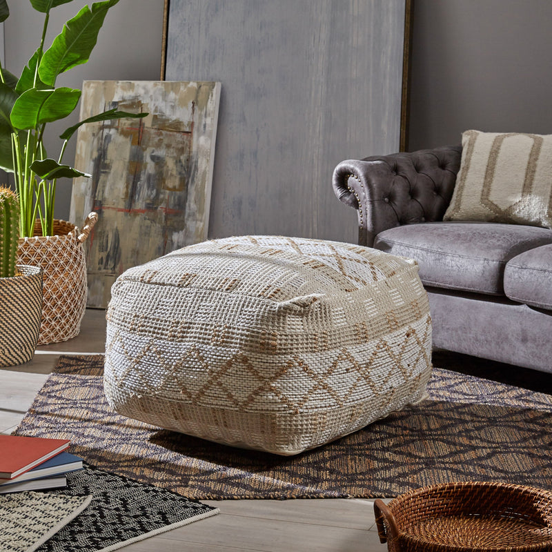 Large Square Casual Pouf, Boho, Ivory Chindi and Hemp - NH926703