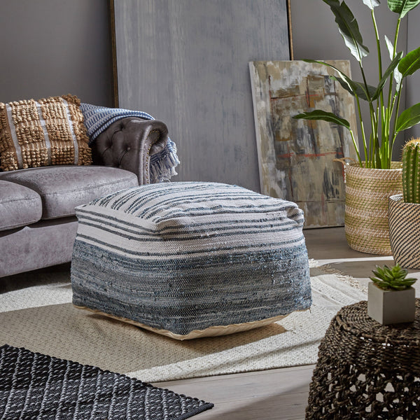 Large Square Casual Pouf, Boho, Blue and White Recycled Denim and Chindi - NH036703