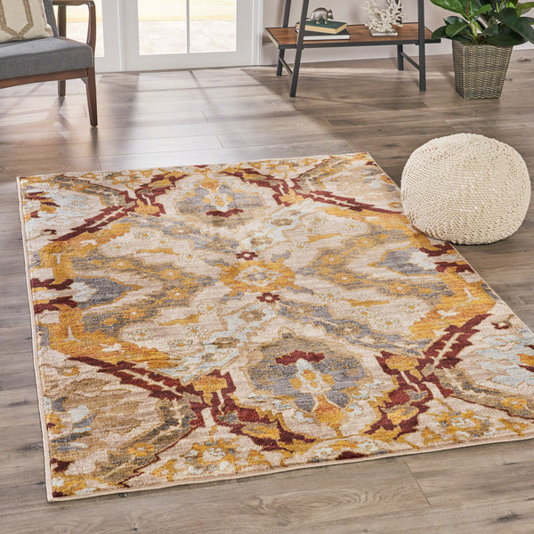 Ikat Indoor Traditional Beige and Multi-Colored Rectangular Area Rug - NH261603