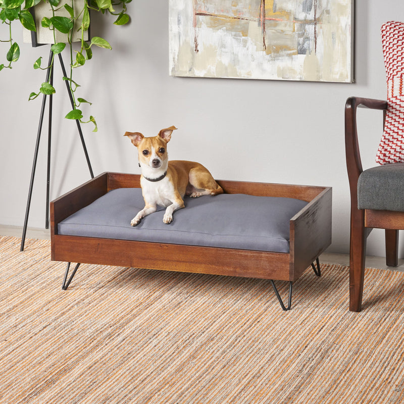 Mid-Century Modern Cushioned Wood Frame Dog Bed - NH852803