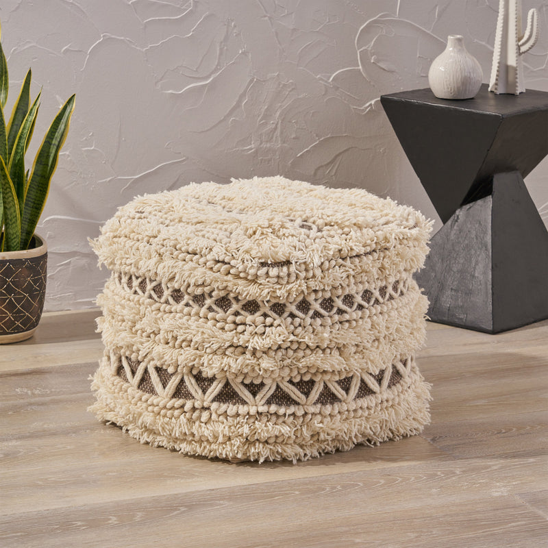 Boho Wool and Cotton Ottoman Pouf - NH313903