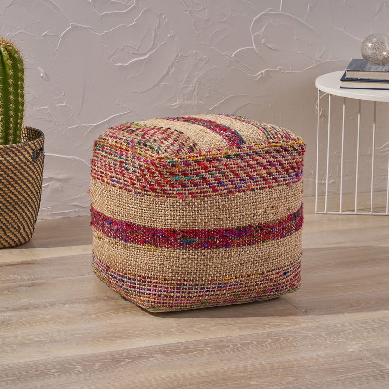 Boho Hemp Silk and Cotton Ottoman Pouf - NH533903