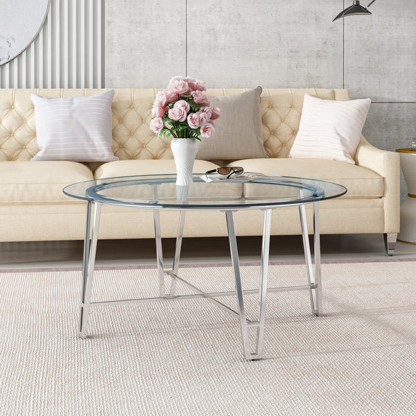 Modern Iron Coffee Table with Round Tempered Glass Top, Silver - NH692013