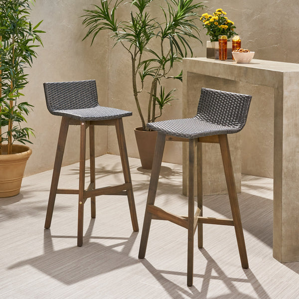 Outdoor Acacia Wood & Wicker Barstools (Set of 2) - NH910013