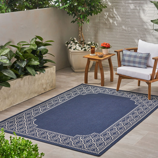 Outdoor Border Area Rug, Navy and Ivory - NH155803