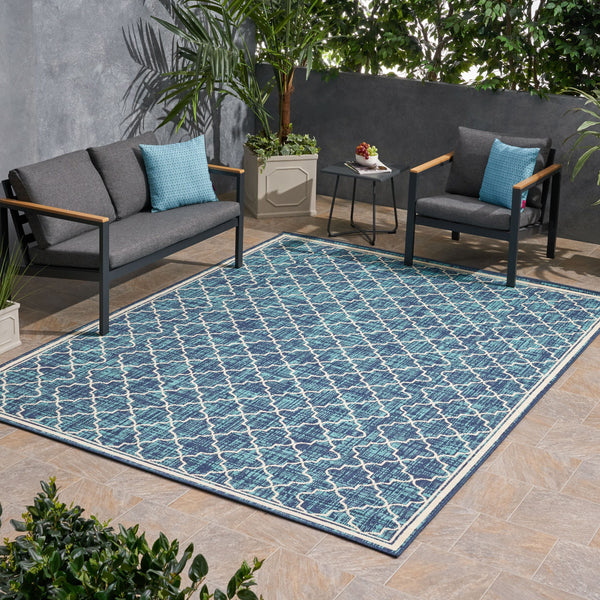 Outdoor Trellis Area Rug, Blue and Ivory - NH575803