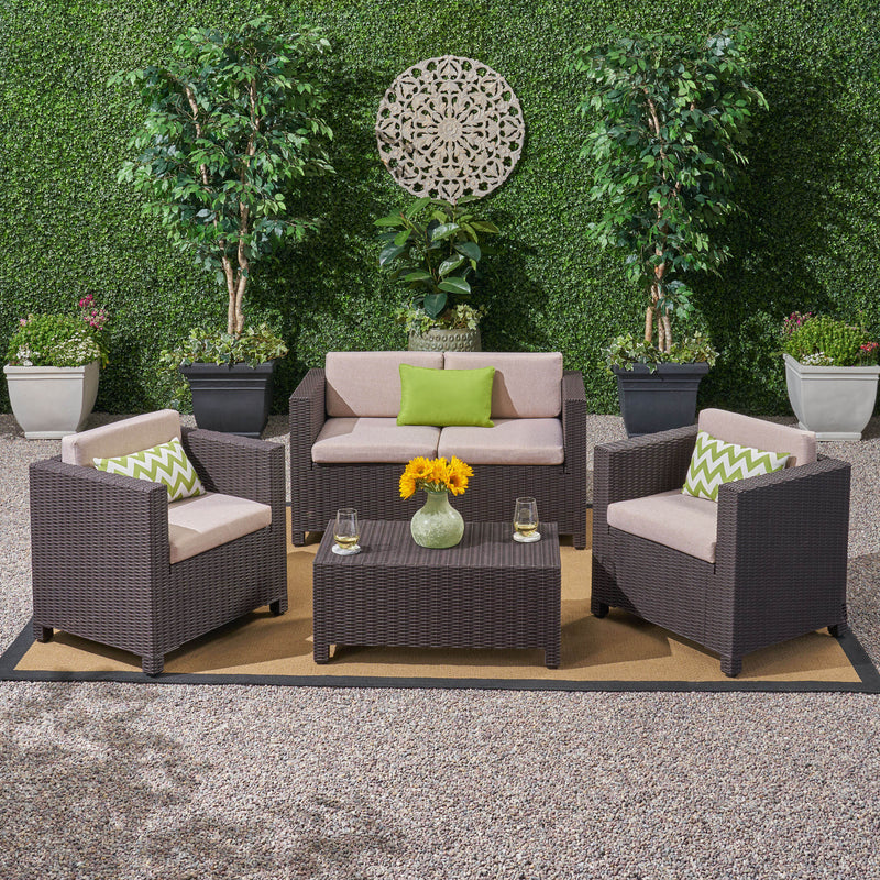 Outdoor All Weather Faux Wicker 4 Seater Chat Set with Cushions - NH320903