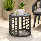 Outdoor Modern Boho Wicker Side Table with Tempered Glass Top - NH044013