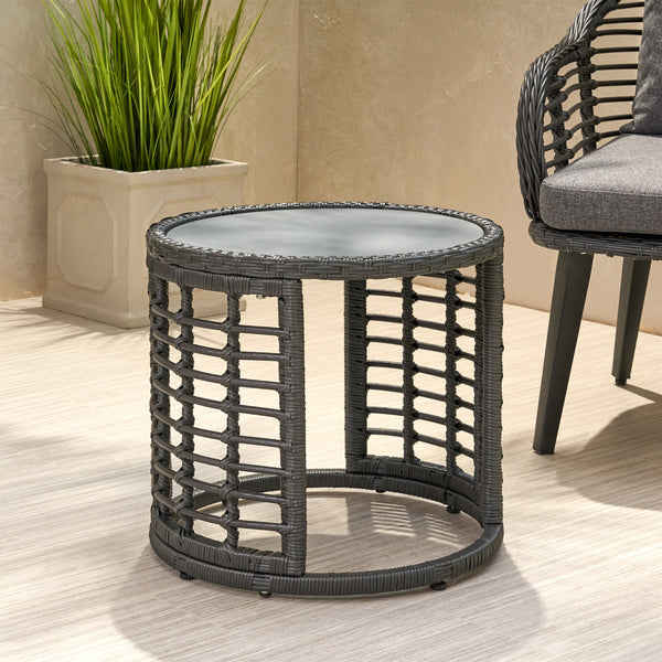 Outdoor Modern Boho Wicker Side Table with Tempered Glass Top - NH044013