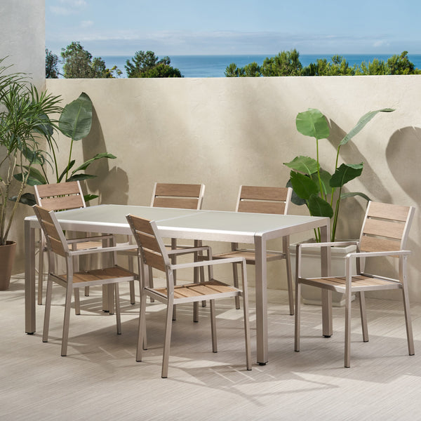 Outdoor Modern 6 Seater Aluminum Dining Set with Tempered Glass Table Top - NH758013