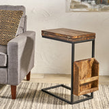 Modern Industrial Mango Wood Adjustable C-Shaped End Table with Magazine Rack - NH137113