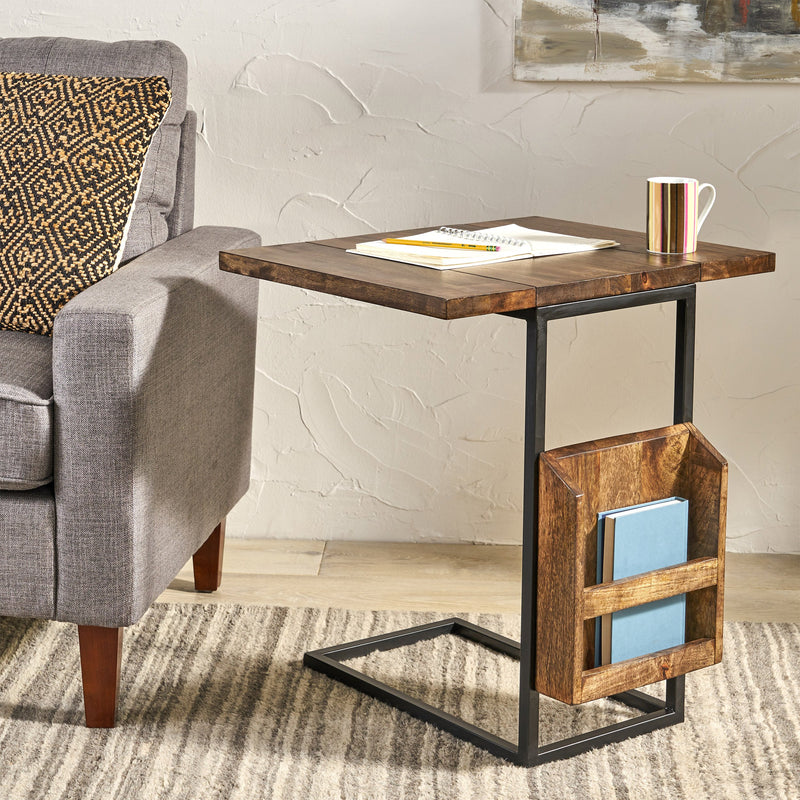 Modern Industrial Mango Wood Adjustable C-Shaped End Table with Magazine Rack - NH137113