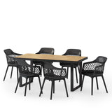 Outdoor Wood and Resin 7 Piece Dining Set, Black and Teak - NH340513