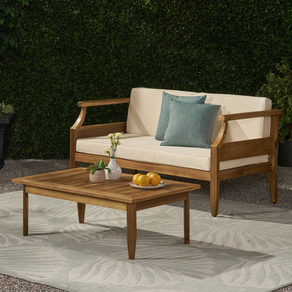 Outdoor Mid-Century Modern Acacia Wood Loveseat Set - NH361213