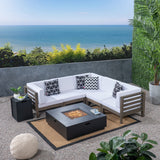 Outdoor 7 Piece V-Shaped Acacia Wood Sectional Sofa Set with Fire Pit and Outdoor Cushions - NH670703