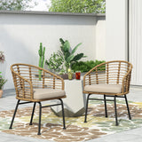 Outdoor Wicker Chair with Water Resistant Cushion, Set of 2, Light Brown and Beige - NH799413