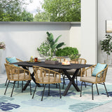 Outdoor Wicker 7 Piece Dining Set, Light Brown, Matte Black, and Beige - NH000513