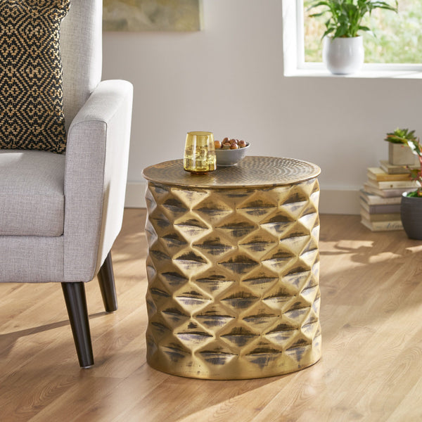 Modern Glam Handcrafted Diamond Pattern Aluminum Side Table - NH727413