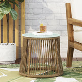 Outdoor Wicker Side Table with Glass Top, Light Brown - NH699413