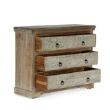 Boho Handcrafted Acacia Wood 3 Drawer Chest, Natural and White - NH715413