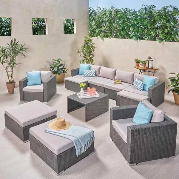 Outdoor 6 Seater U Shaped Wicker Sectional Sofa Chat Set with Ottomans - NH379903