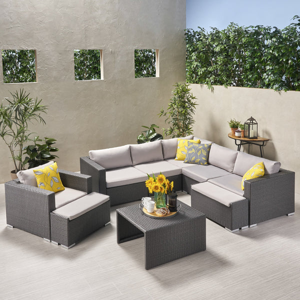 Outdoor 6 Seater V Shaped Wicker Sectional Sofa Set with Ottomans - NH769903