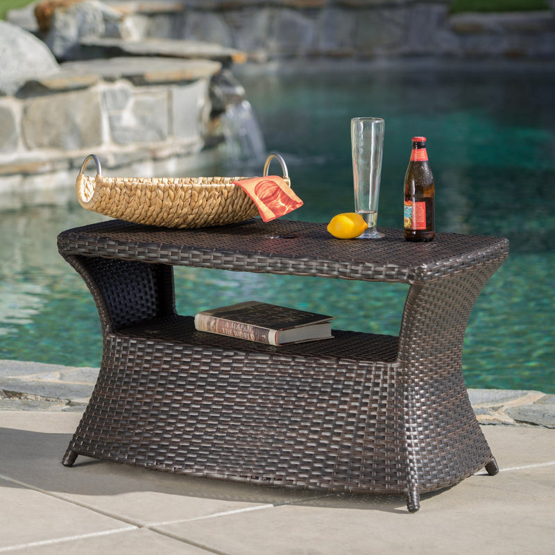 Outdoor Modern Wicker Shelf Side Table with Umbrella Hole - NH003003