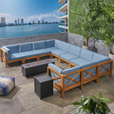 Outdoor Acacia Wood 10 Seater U-Shaped Sectional Sofa Set with Fire Pit - NH977603