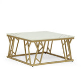 Modern Glam Handcrafted Marble Top Coffee Table with Brass Inlay, White and Gold - NH216413