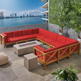 Outdoor Acacia Wood 10 Pieces U-Shaped Sectional Sofa Set with Fire Pit - NH277603