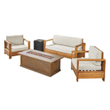 Outdoor 4-Seater Acacia Wood Chat Set with Fire Pit and Tank Holder - NH893603