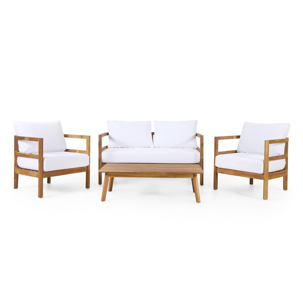 Outdoor Acacia Wood 4-Seater Chat Set with Cushion, Teak and White - NH056513