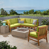 Outdoor 6 Seater Acacia Wood Sofa Set with Square Fire Table and Tank - NH106503