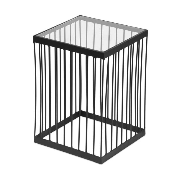 Contemporary Handcrafted Cage Side Table with Glass Top, Black and Clear - NH633513