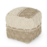 Boho Handcrafted Fabric Cube Pouf, Ivory and Beige - NH304413