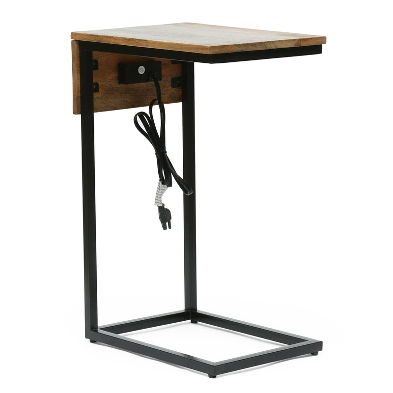 Modern Industrial Handcrafted Mango Wood C-Shaped Side Table with Charging Port, Natural and Black - NH324413