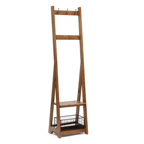 Modern Industrial Handcrafted Acacia Wood Coat Rack with Bench Storage, Natural - NH606413