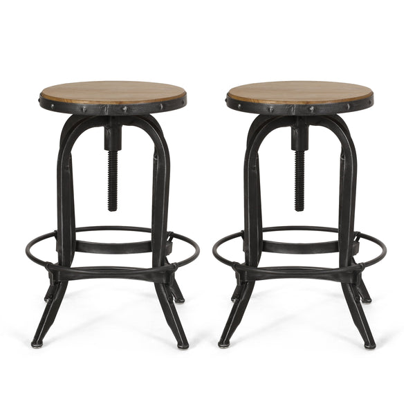 Industrial Firwood Adjustable Height Swivel Barstools, Set of 2, Antique Natural and Pewter - NH325413