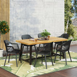 Outdoor Wood and Resin 7 Piece Dining Set, Black and Sandblasted Teak - NH830513